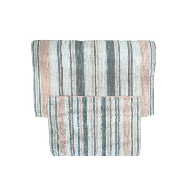 Trina Turk Striped Bathroom Throw Rugs Pink Gray Set Of 2 - Picture 1 of 4